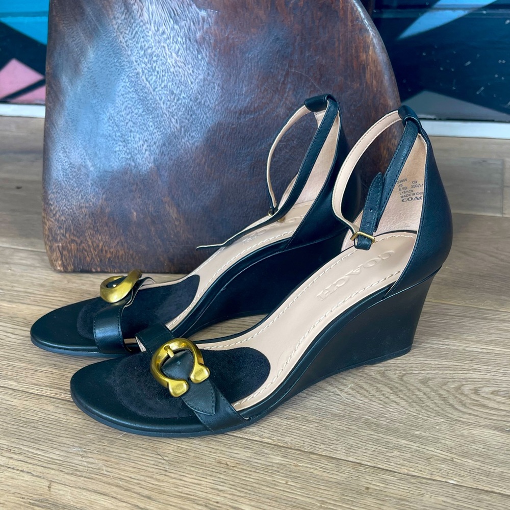 LIKE NEW Coach Wedges with Ankle Strap and Gold Detailing